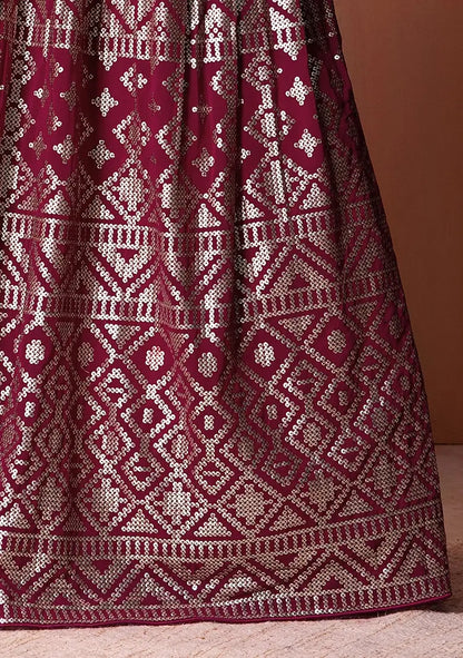 Dark Pink Georgette Lehenga With  Sequins And Thread Embroidery Work