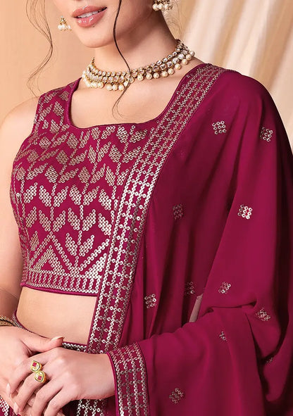 Dark Pink Georgette Lehenga With  Sequins And Thread Embroidery Work
