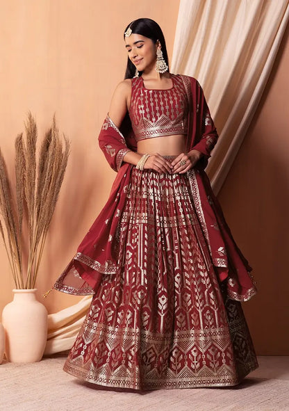 Maroon Georgette Lehenga With Sequins And Thread Embroidery Work