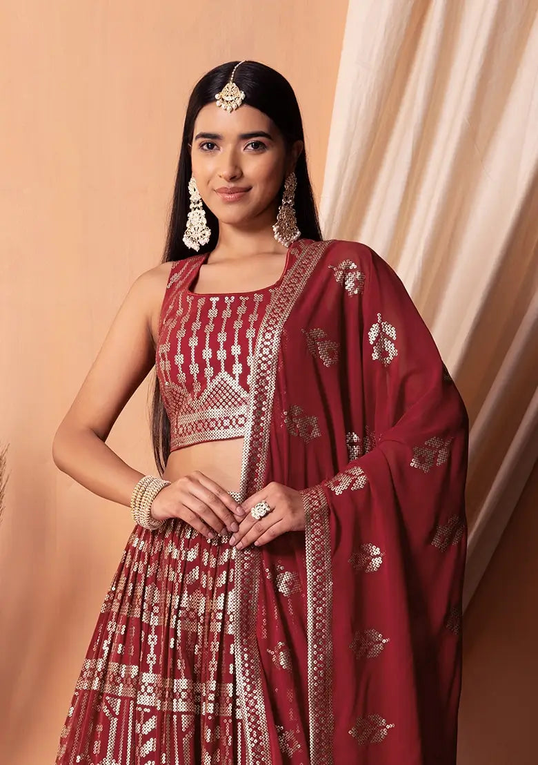 Maroon Georgette Lehenga With Sequins And Thread Embroidery Work