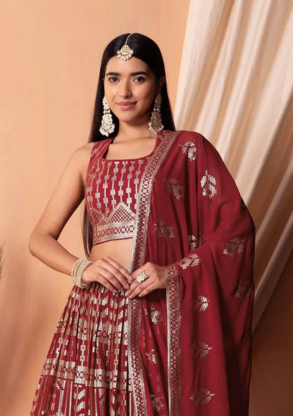 Maroon Georgette Lehenga With Sequins And Thread Embroidery Work