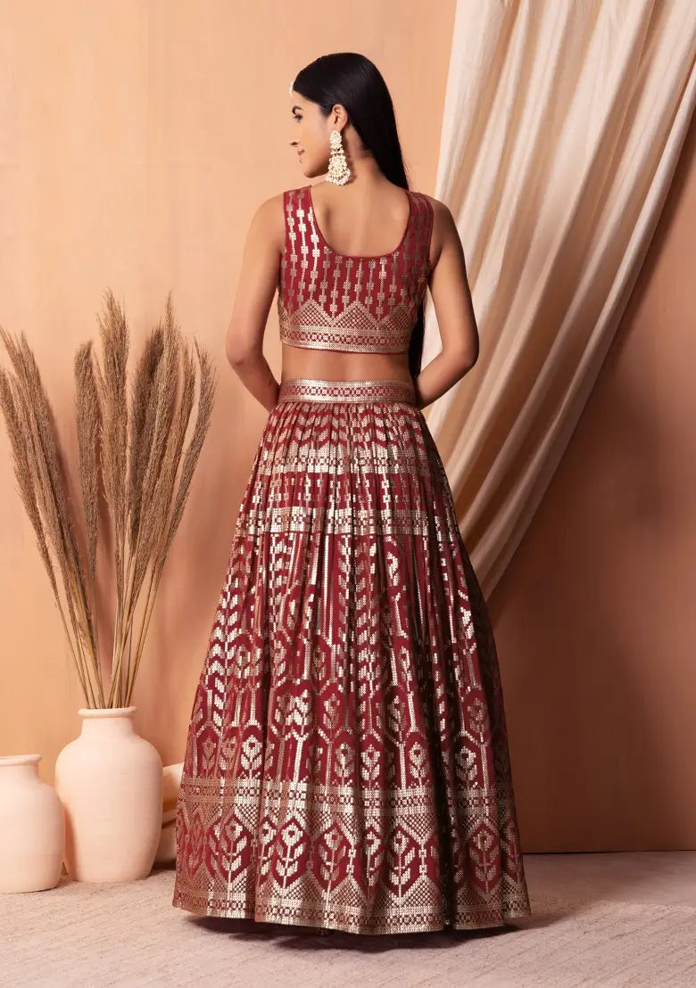 Maroon Georgette Lehenga With Sequins And Thread Embroidery Work