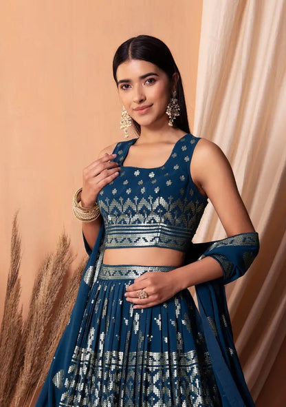 Blue Georgette Sequins And Thread Embroidery Work Lehenga choli