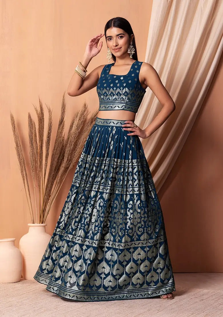 Blue Georgette Sequins And Thread Embroidery Work Lehenga choli