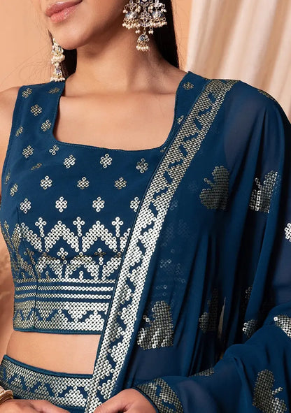 Blue Georgette Sequins And Thread Embroidery Work Lehenga choli