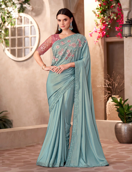 Aqua Blue Shimmer Crepe Embroidery Work Saree