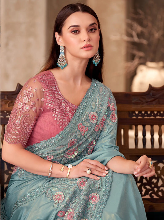 Aqua Blue Shimmer Crepe Embroidery Work Saree