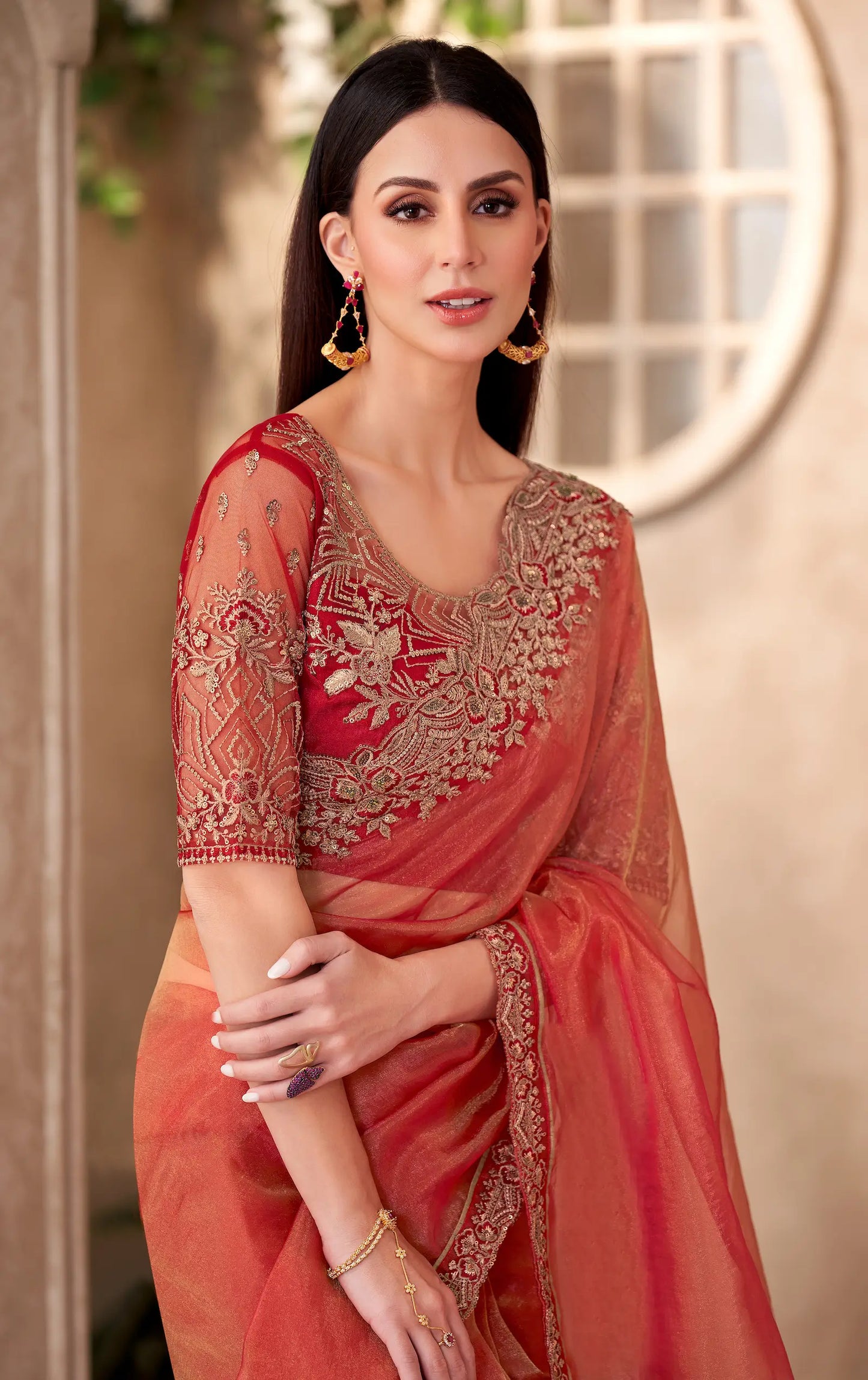 Rust Orange Sparkle Tissue Embroidery Work Saree
