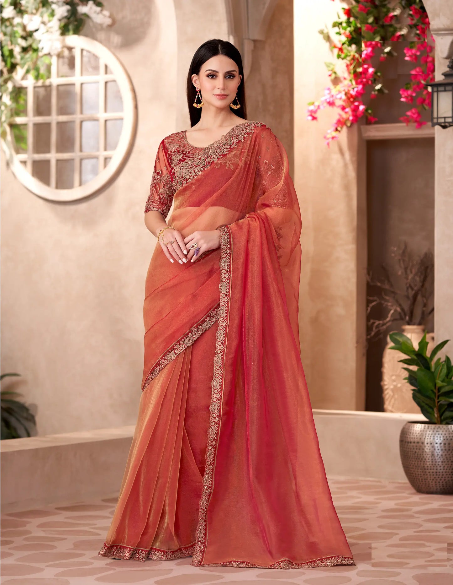 Rust Orange Sparkle Tissue Embroidery Work Saree
