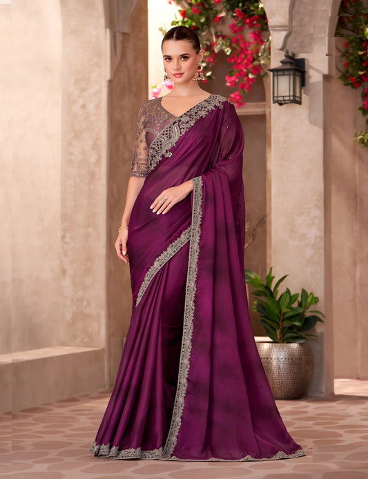 Wine Shaded Satin Chiffon Embroidery Work Saree
