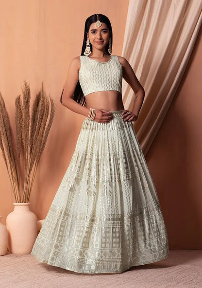 White  Georgette Sequins And Thread Embroidery Work Lehenga choli