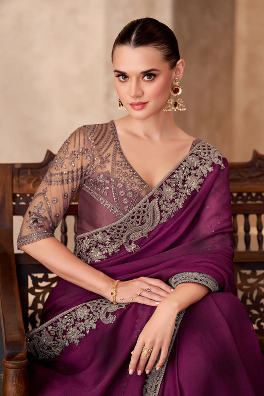 Wine Shaded Satin Chiffon Embroidery Work Saree