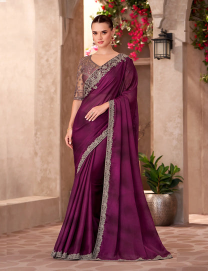 Wine Shaded Satin Chiffon Embroidery Work Saree