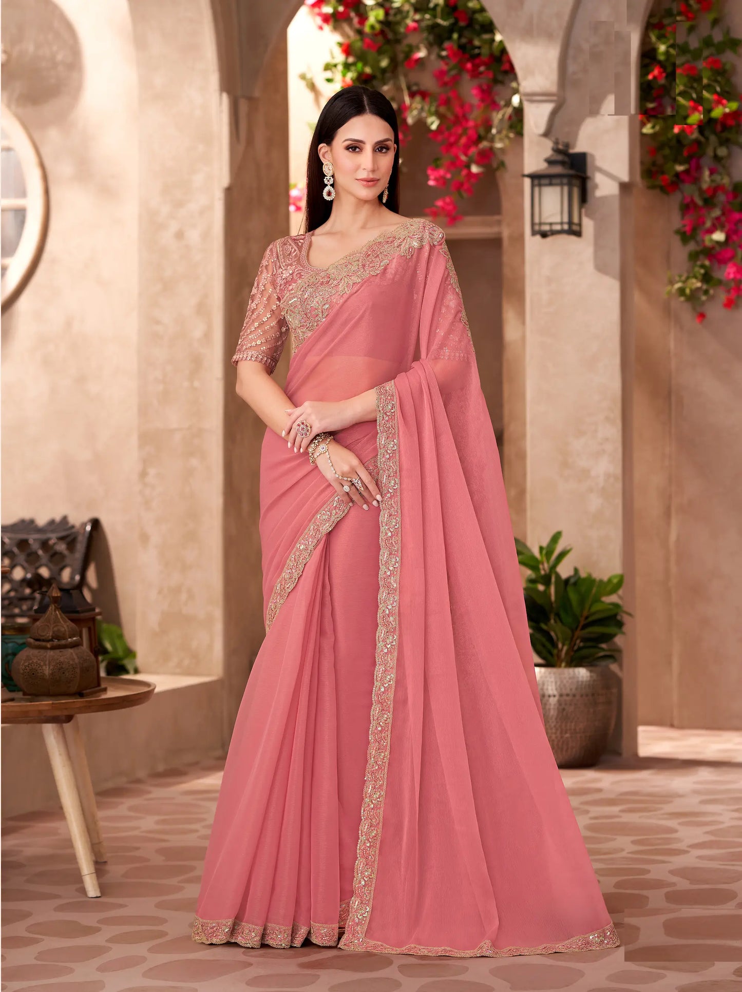 Peach Pink Shiney Georgette embroidery Work Saree