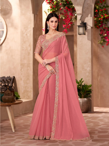 Peach Pink Shiney Georgette embroidery Work Saree