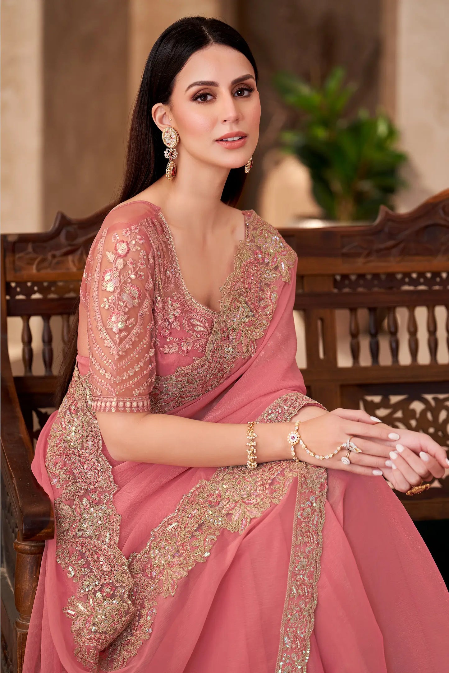 Peach Pink Shiney Georgette embroidery Work Saree