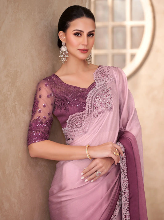 Powder Pink-Dull Purple Shaded Chiffon Embroidery Work Saree