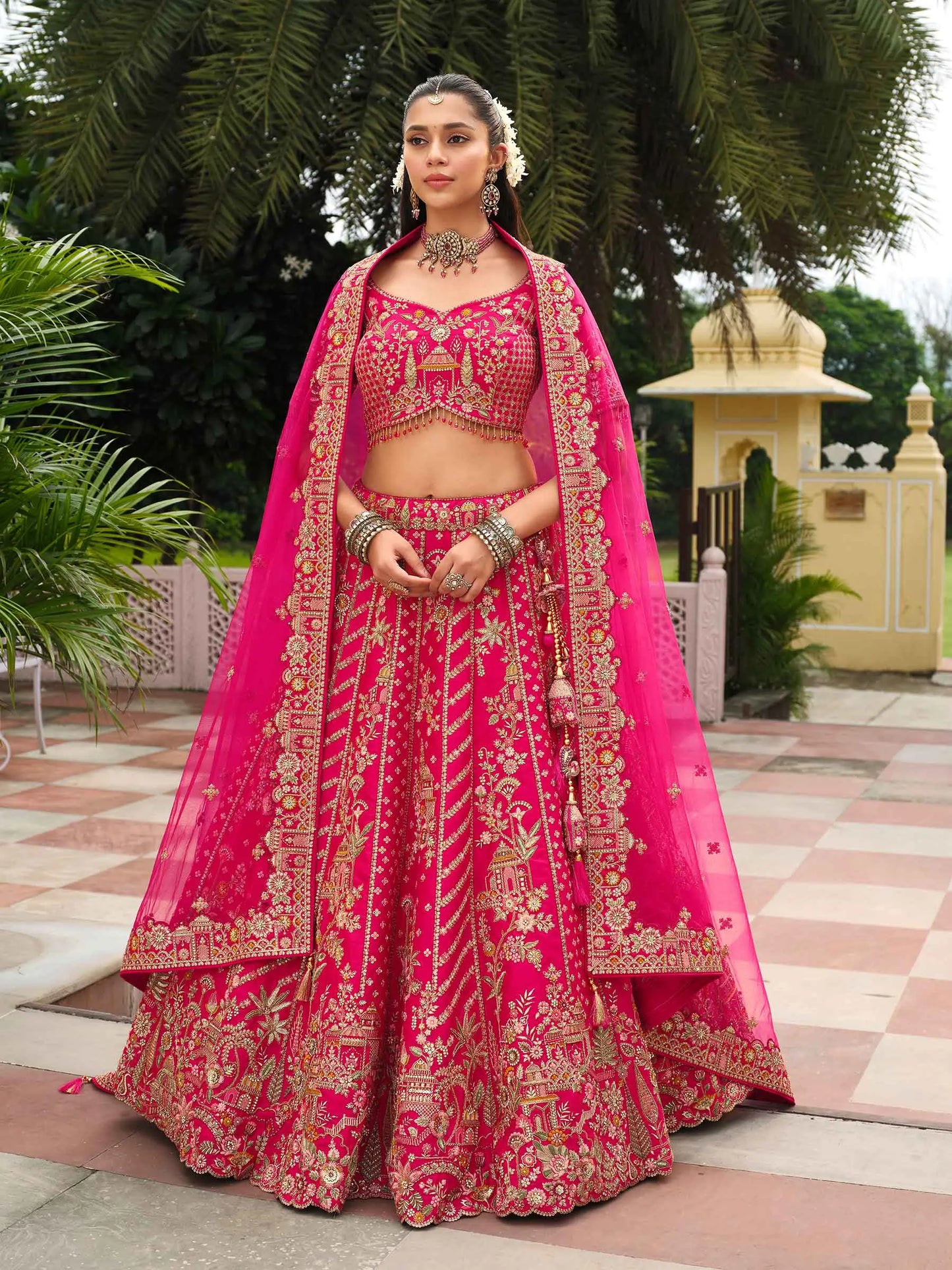 Raspberry Khatli Embroidery Bridal Lehenga With 2 Dupatta