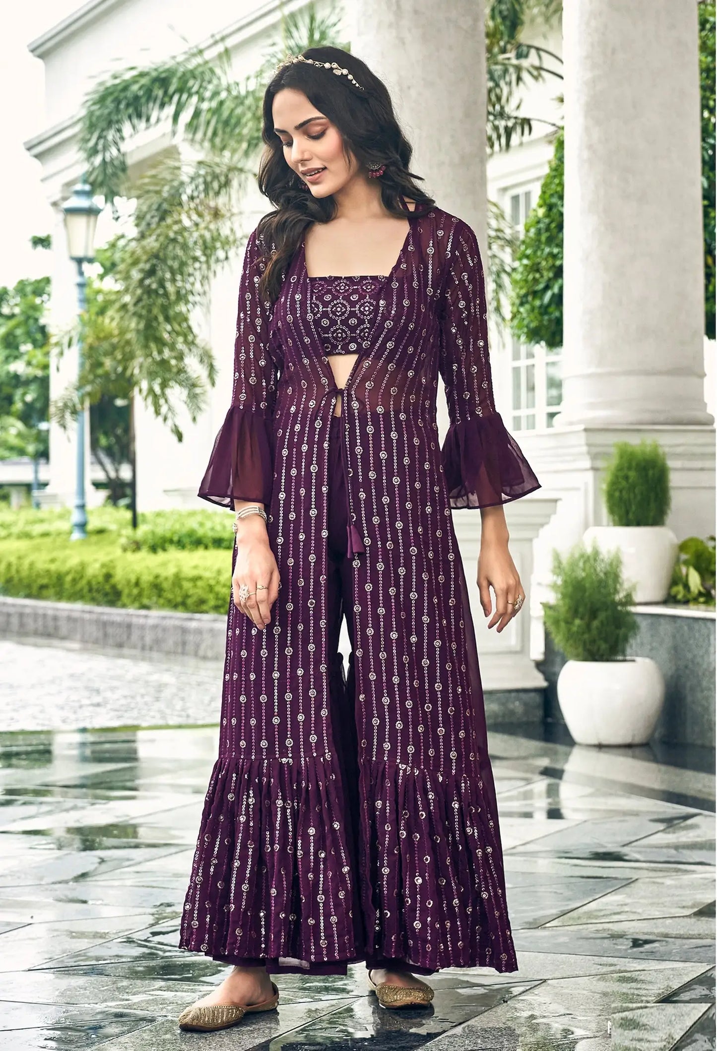 Wine Georgette Indo western Set With Thread & Sequence Embroidery Work