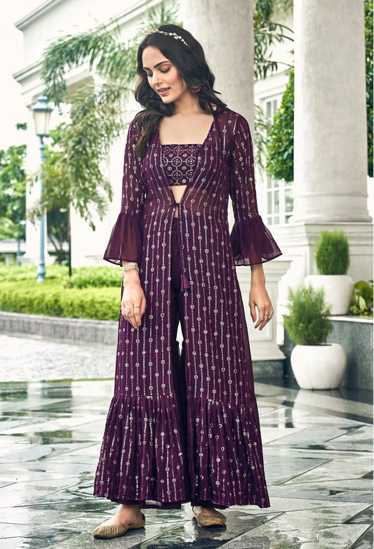 Wine Georgette Indo western Set With Thread & Sequence Embroidery Work