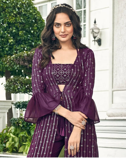 Wine Georgette Indo western Set With Thread & Sequence Embroidery Work