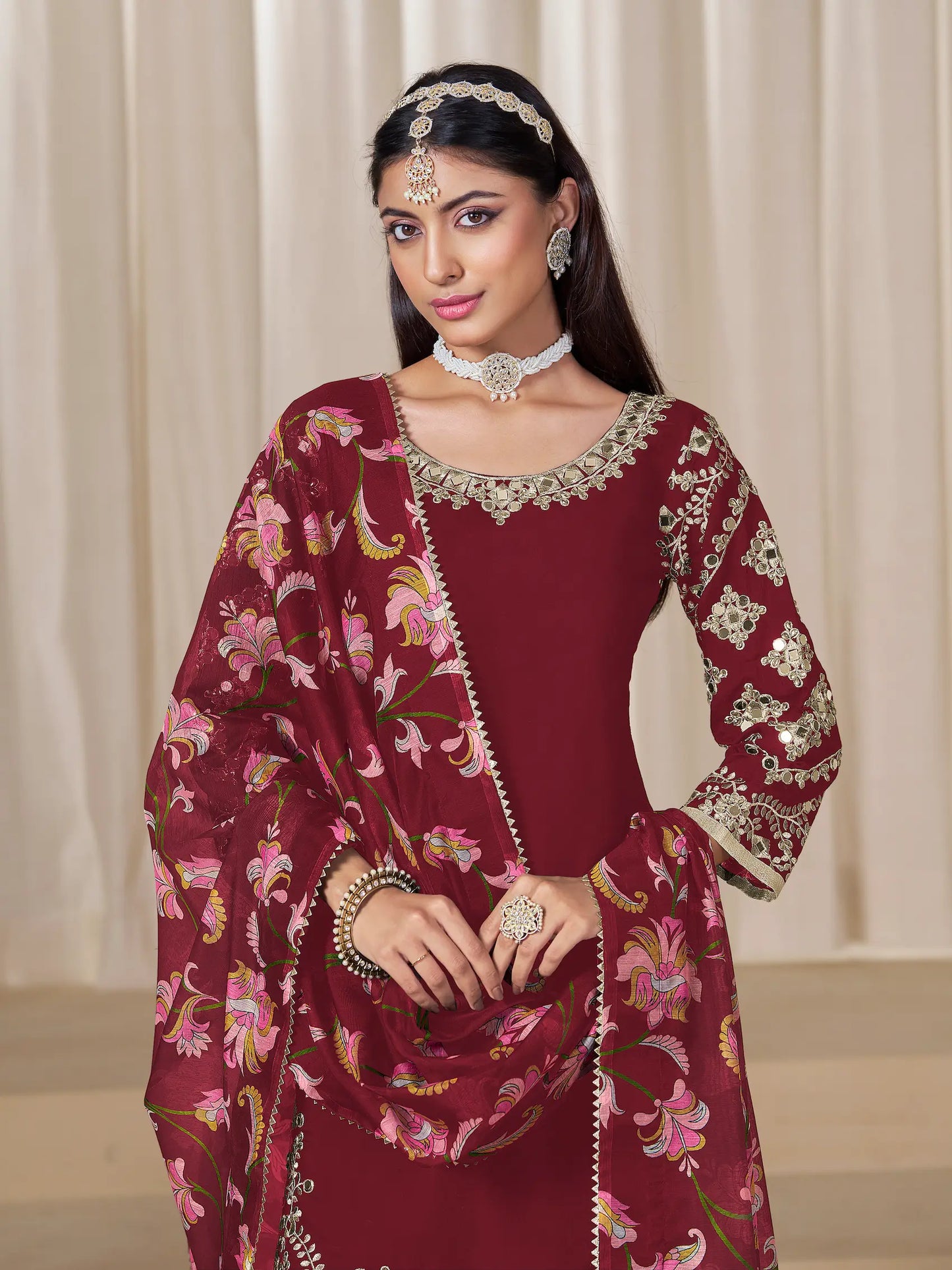 Dark Red Roman Silk Embroidery Work Salwar Suit