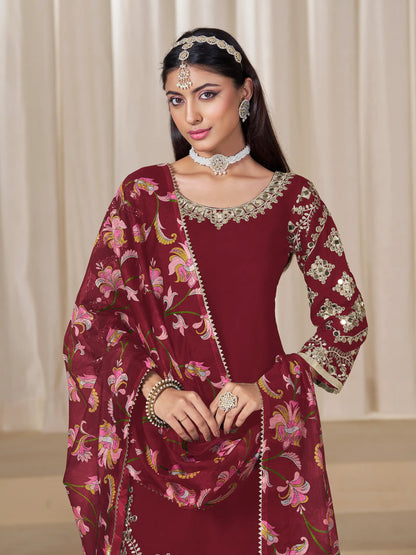 Dark Red Roman Silk Embroidery Work Salwar Suit