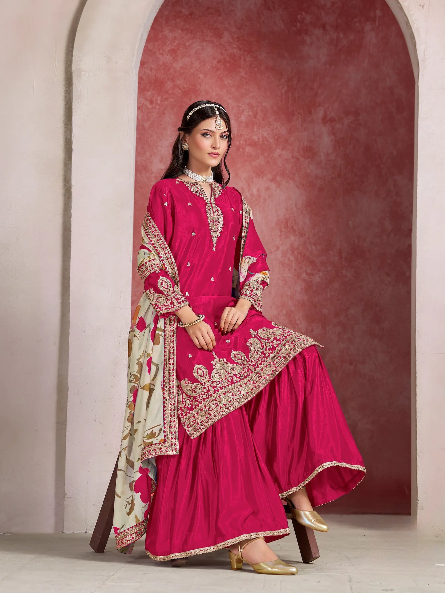 Hot Pink Chinon Embroidery Salwar suit With Organza Dupatta