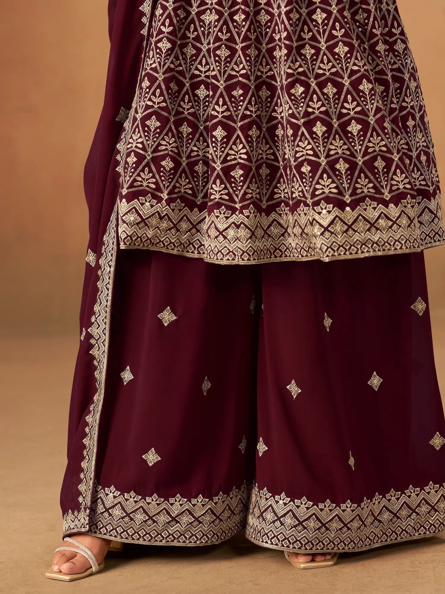 Maroon Georgette Embroidery Work Palazzo Set