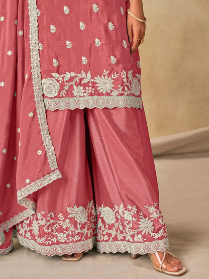 Peach Pink Chinon Embroidery Work Palazzo Suit