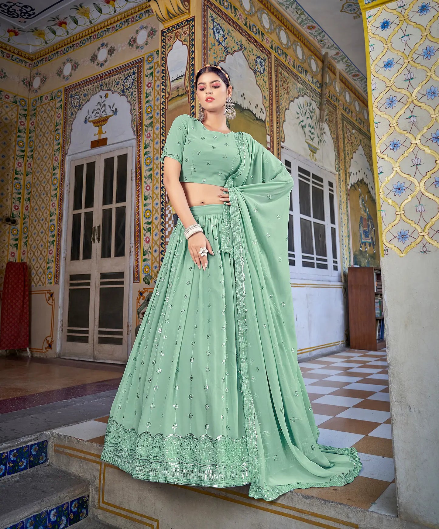 Pista green Georgette Thread with Sequence Embroidery Work Lehenga Choli