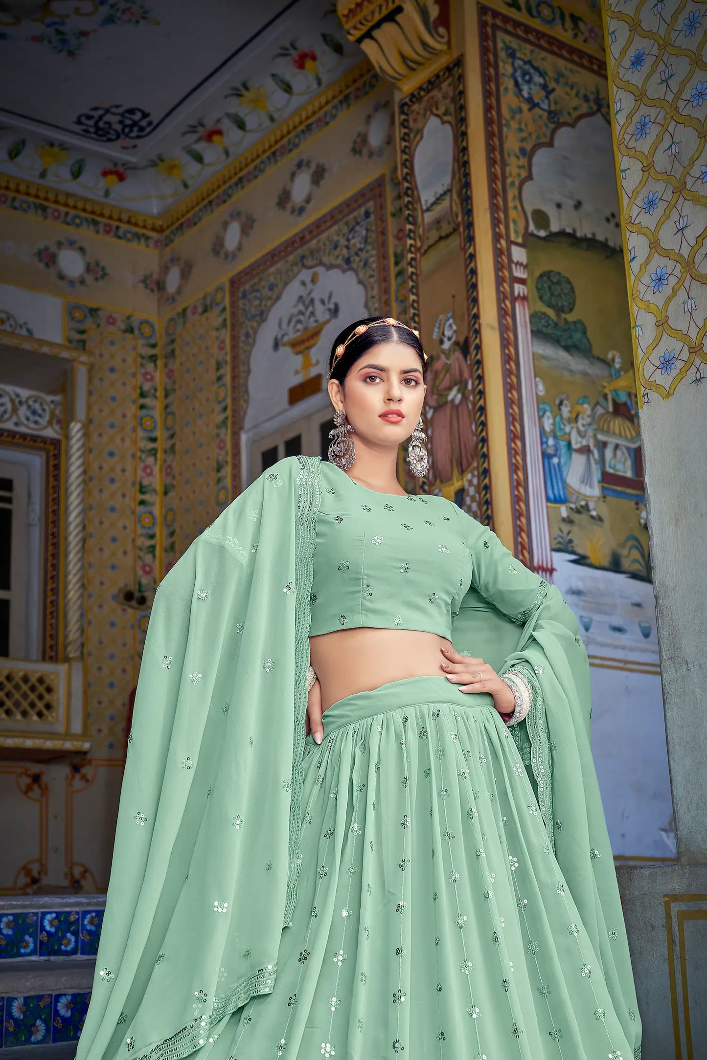 Pista green Georgette Thread with Sequence Embroidery Work Lehenga Choli