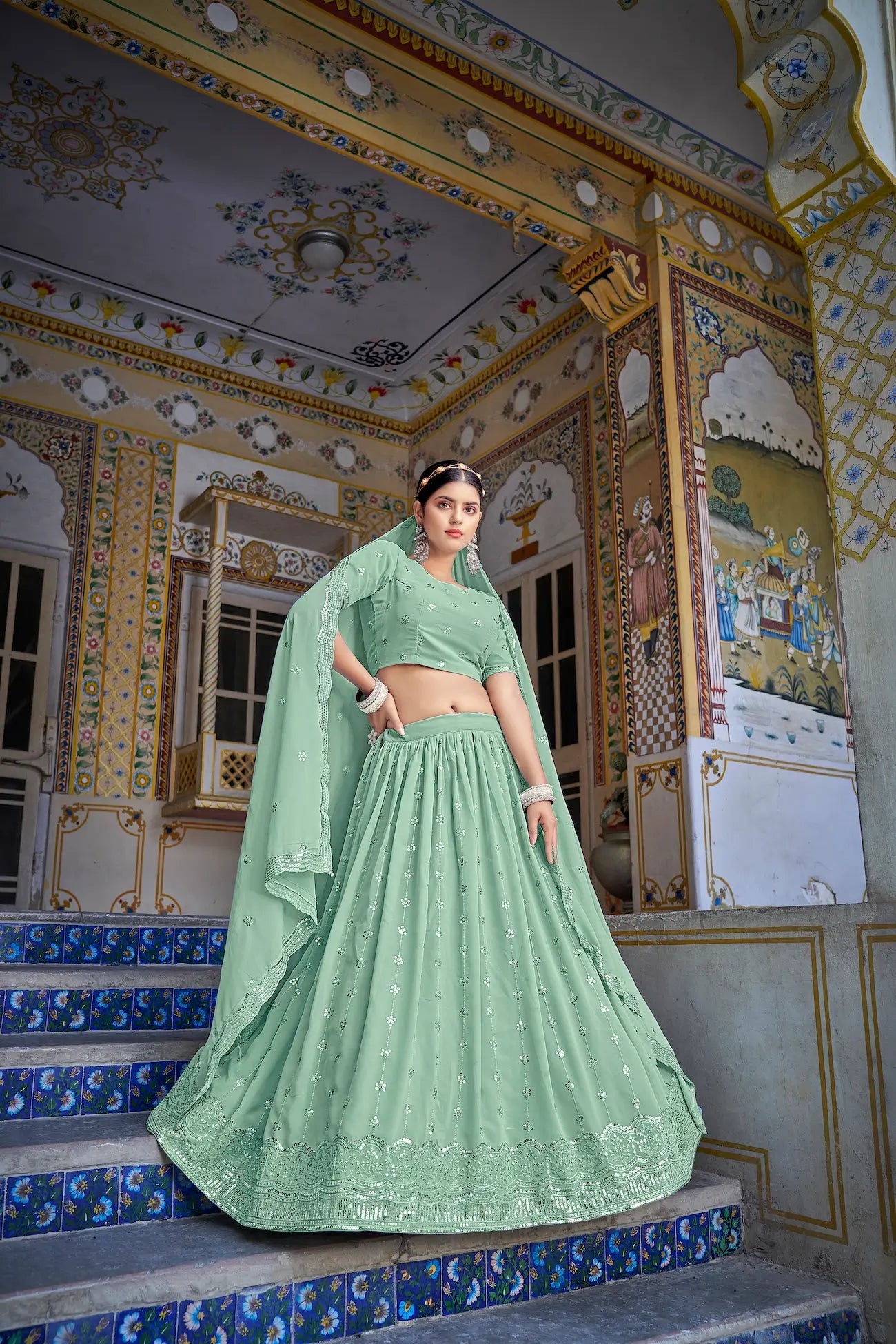Pista green Georgette Thread with Sequence Embroidery Work Lehenga Choli