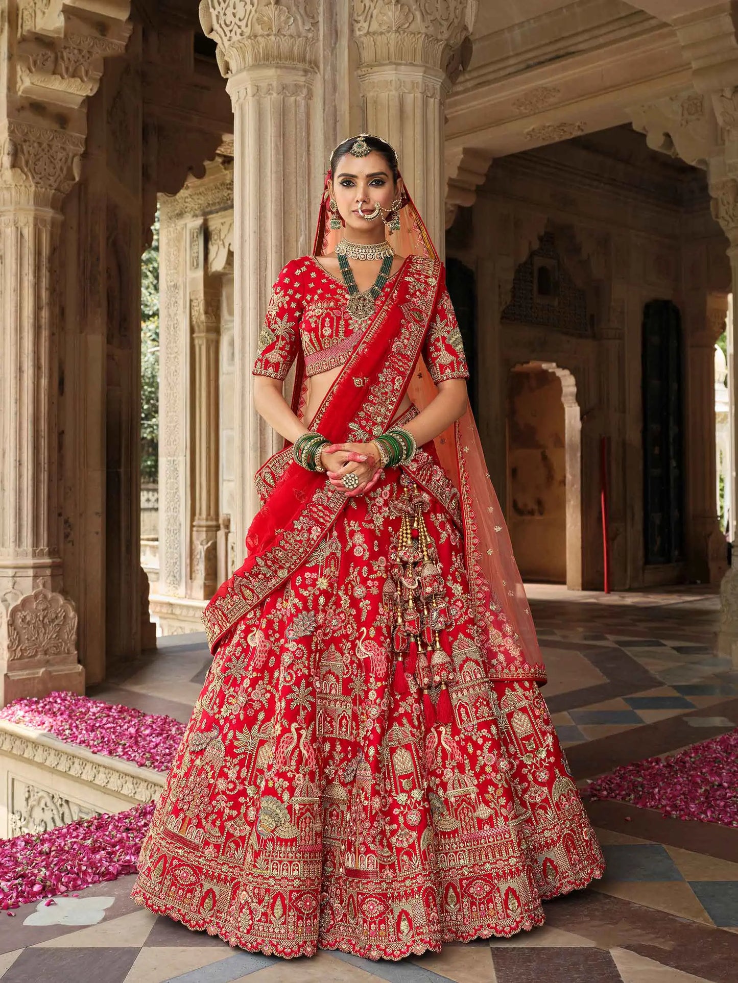 Red Bridal Lehenga With Khatli Embroidery & 2 Dupatta
