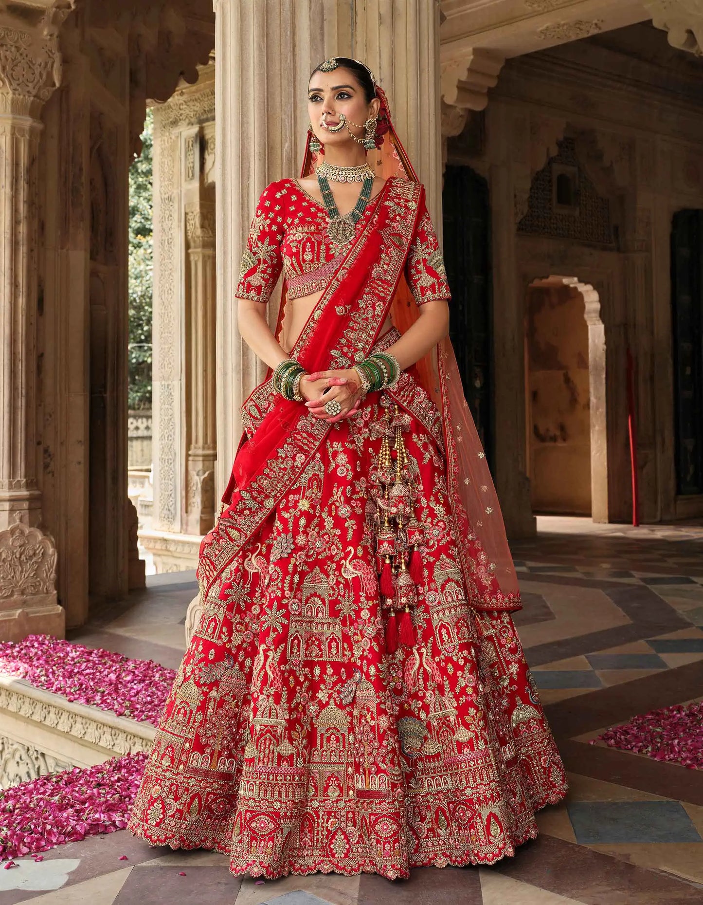 Red Bridal Lehenga With Khatli Embroidery & 2 Dupatta
