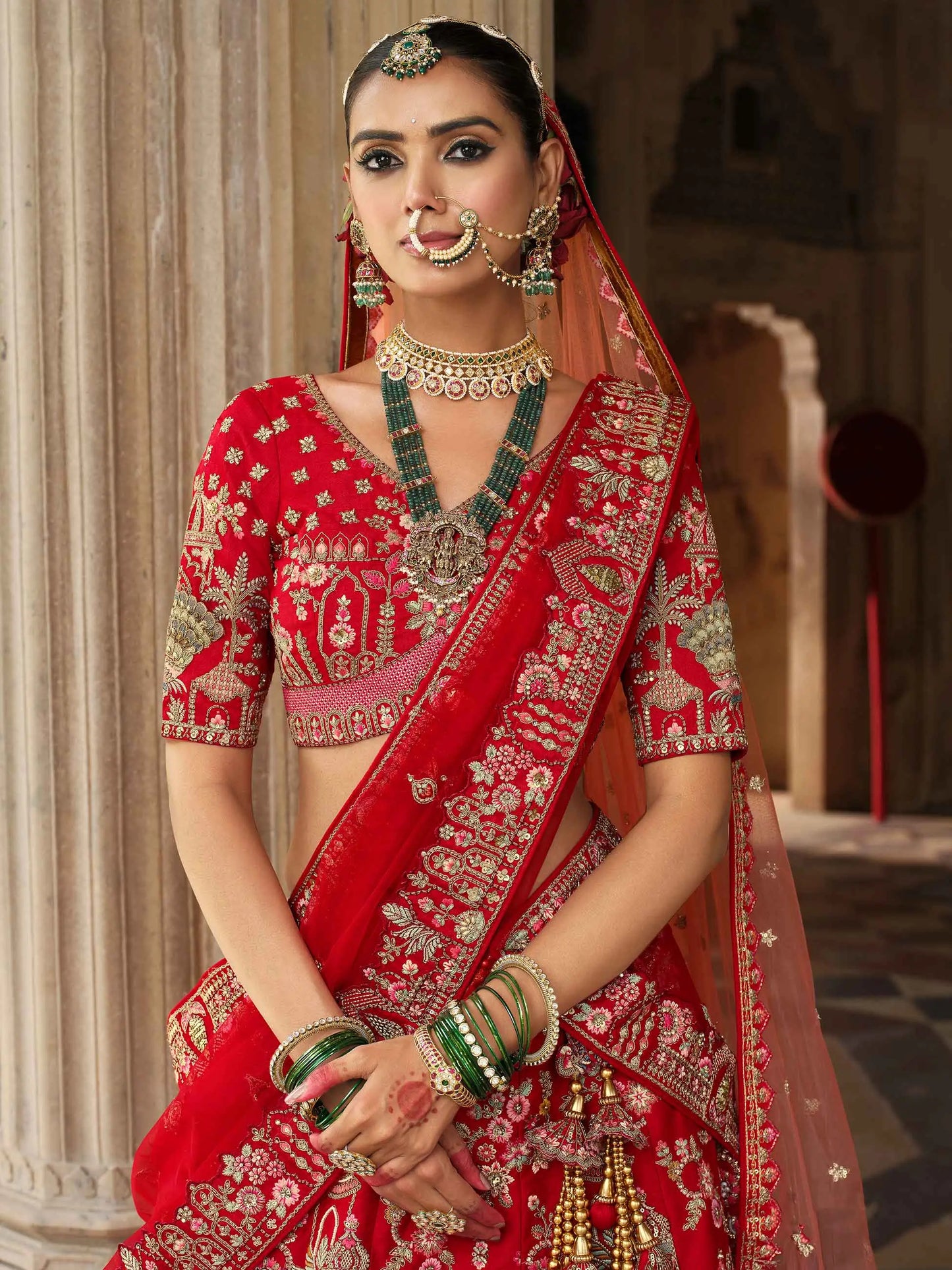 Red Bridal Lehenga With Khatli Embroidery & 2 Dupatta