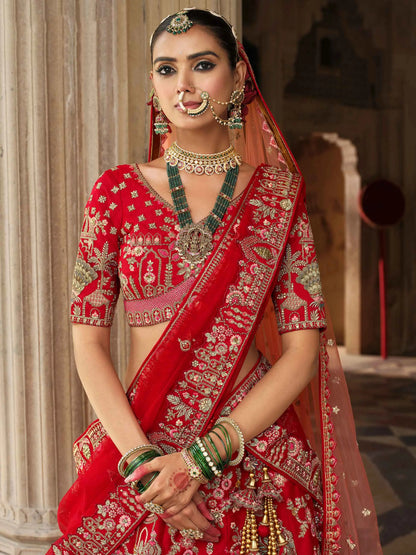 Red Bridal Lehenga With Khatli Embroidery & 2 Dupatta