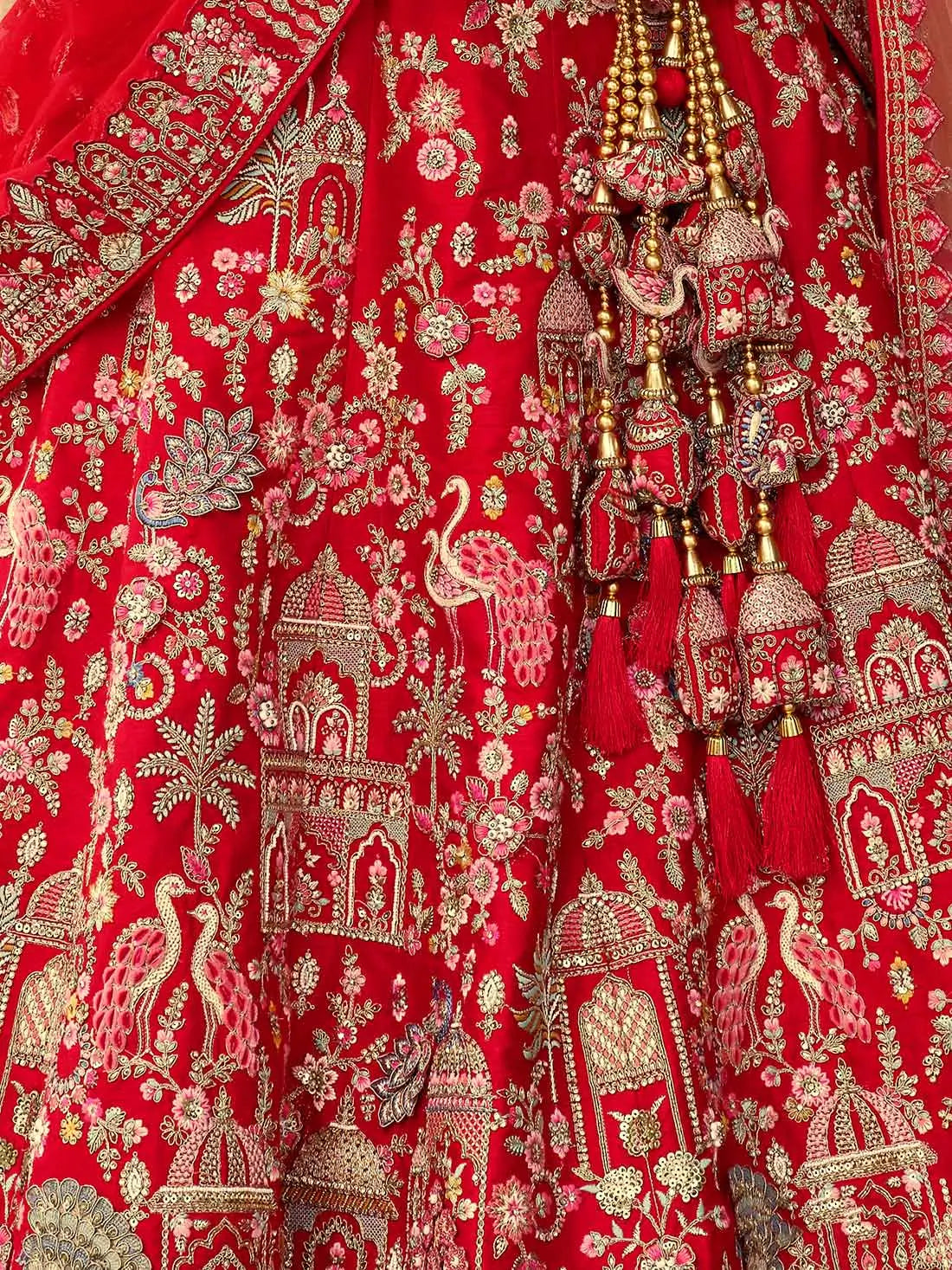Red Bridal Lehenga With Khatli Embroidery & 2 Dupatta