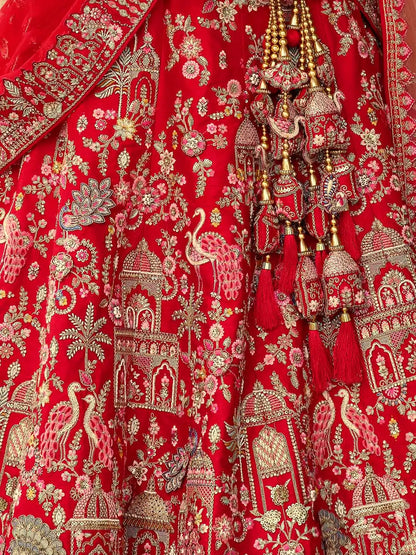 Red Bridal Lehenga With Khatli Embroidery & 2 Dupatta