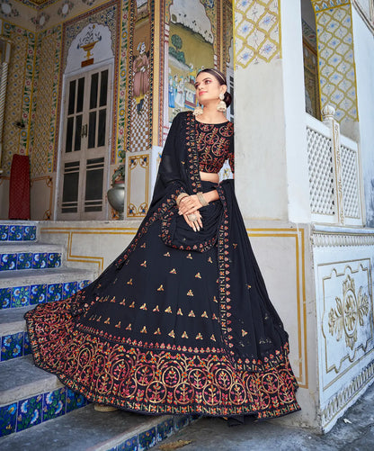 Deep Blue Georgette Thread with Sequence Embroidery Work Lehenga Choli