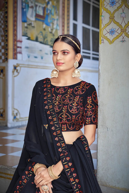 Deep Blue Georgette Thread with Sequence Embroidery Work Lehenga Choli