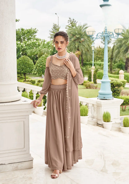 Beige Green Georgette Thread & Sequence Embroidery Work Lehenga Choli