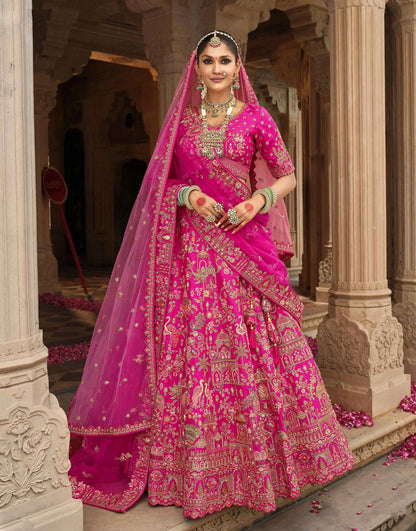 Pink Khatli Embroidery Bridal Lehenga With 2 Dupatta