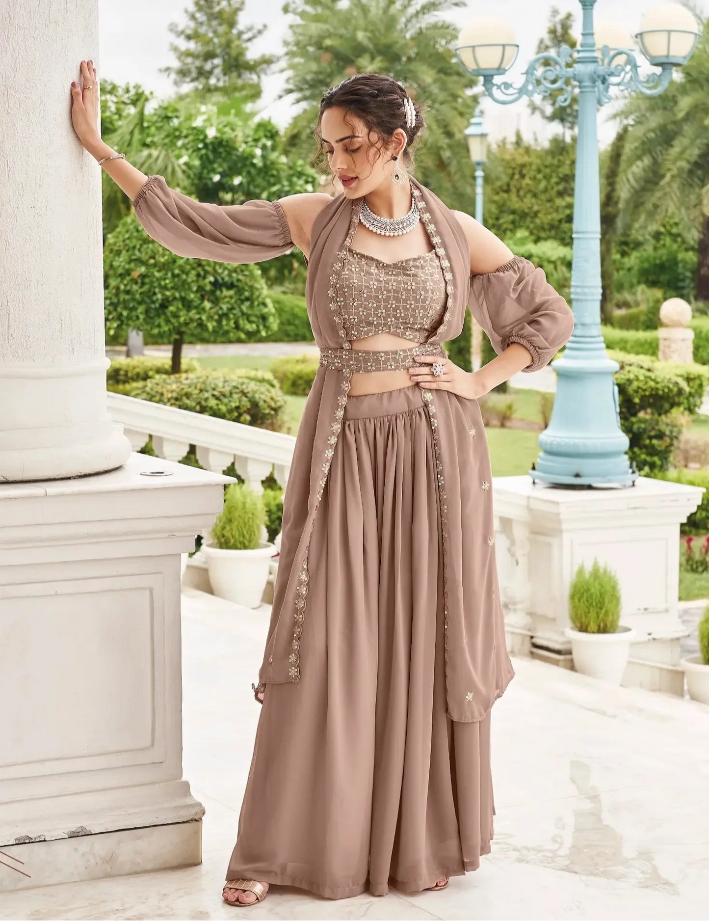 Beige Green Georgette Thread & Sequence Embroidery Work Lehenga Choli