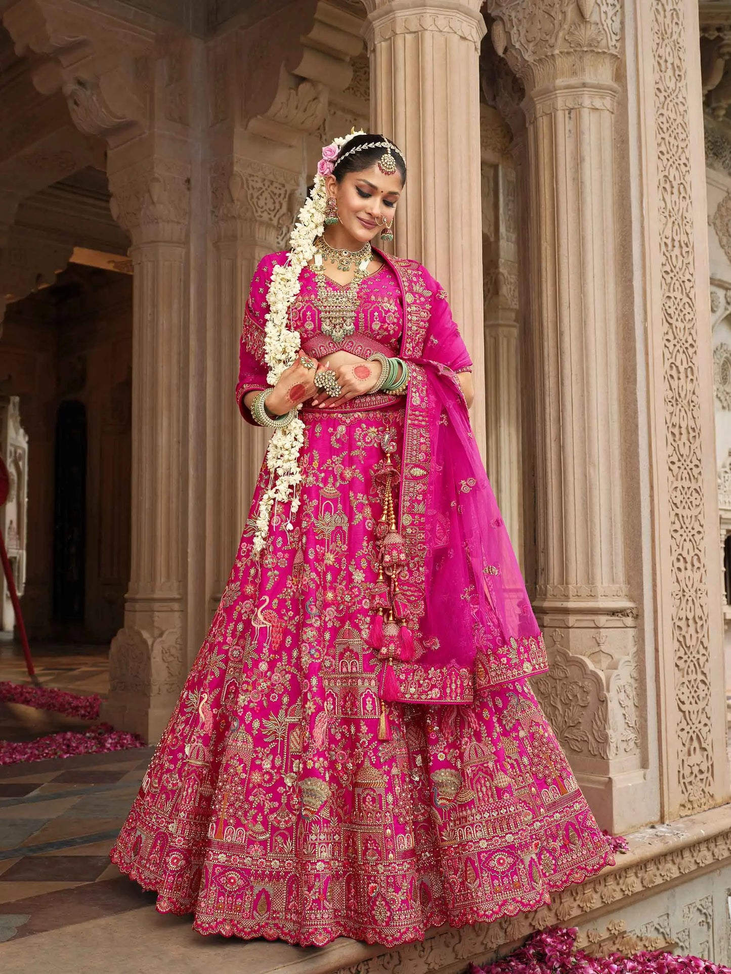 Pink Khatli Embroidery Bridal Lehenga With 2 Dupatta