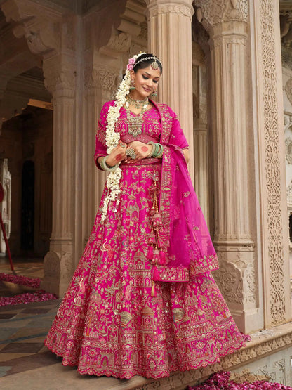 Pink Khatli Embroidery Bridal Lehenga With 2 Dupatta