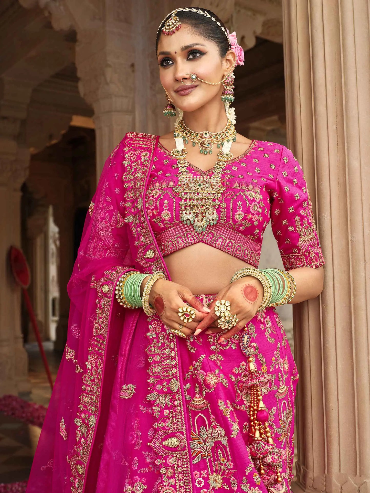 Pink Khatli Embroidery Bridal Lehenga With 2 Dupatta