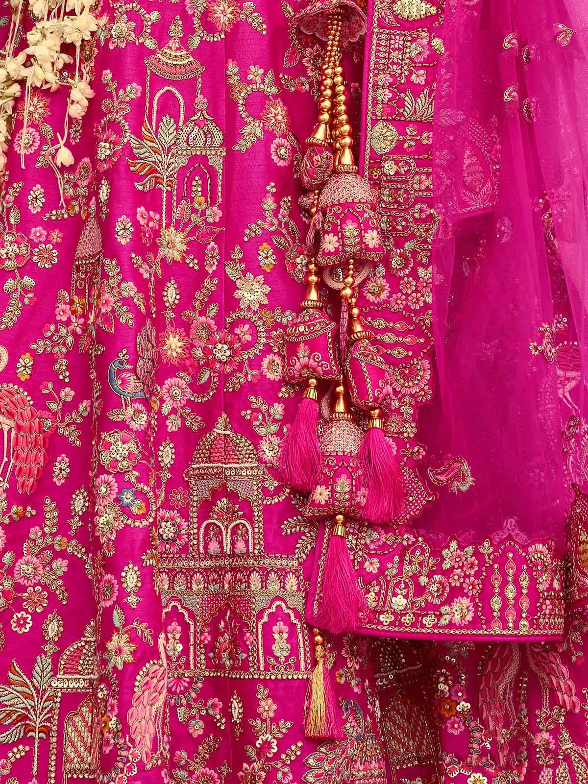 Pink Khatli Embroidery Bridal Lehenga With 2 Dupatta