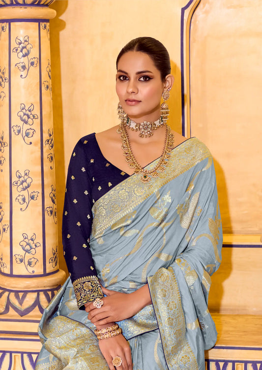 Powder Blue Crepe Silk Zari Weaving Saree