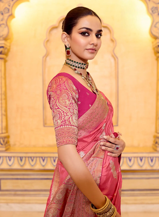 Warm Pink Crepe Silk Zari Weaving Saree